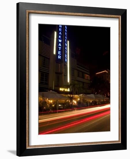 Nighttime Traffic on Ocean Drive, Art Deco Hotels, South Beach, Miami, Florida, USA-Nancy & Steve Ross-Framed Photographic Print