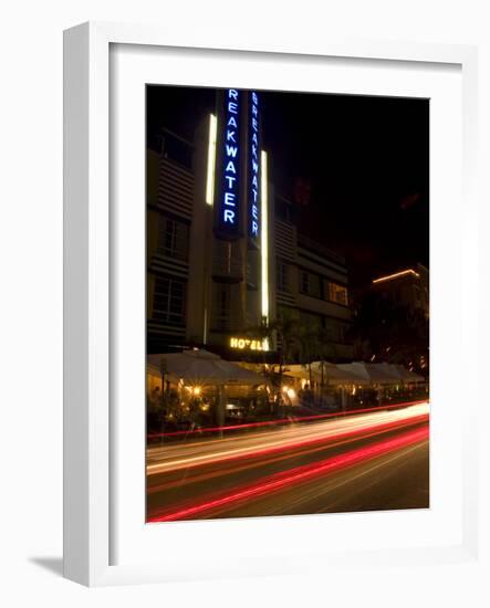 Nighttime Traffic on Ocean Drive, Art Deco Hotels, South Beach, Miami, Florida, USA-Nancy & Steve Ross-Framed Photographic Print