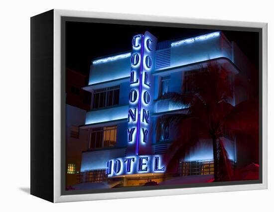 Nighttime View of Art Deco Colony Hotel, South Beach, Miami, Florida, USA-Nancy & Steve Ross-Framed Premier Image Canvas