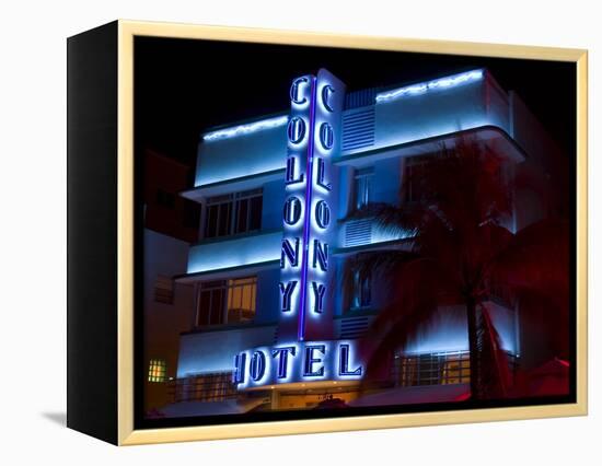 Nighttime View of Art Deco Colony Hotel, South Beach, Miami, Florida, USA-Nancy & Steve Ross-Framed Premier Image Canvas