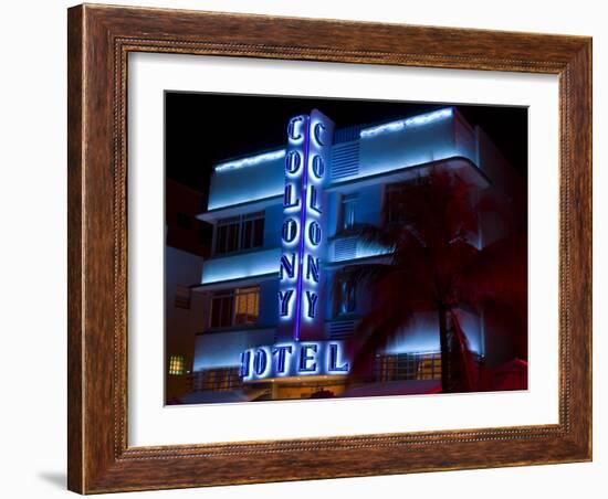 Nighttime View of Art Deco Colony Hotel, South Beach, Miami, Florida, USA-Nancy & Steve Ross-Framed Photographic Print
