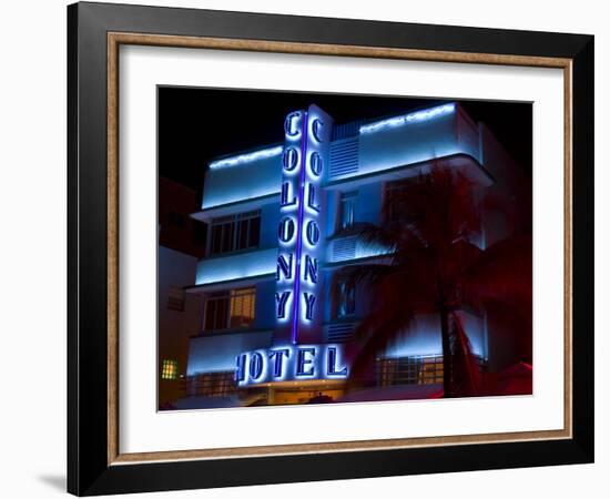 Nighttime View of Art Deco Colony Hotel, South Beach, Miami, Florida, USA-Nancy & Steve Ross-Framed Photographic Print