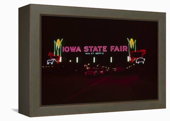 Nighttime View of the Illuminate Neon Sign at the Entrance to the Iowa State Fair, 1955-John Dominis-Framed Premier Image Canvas