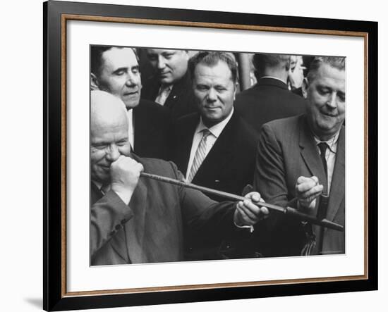 Nikita Khrushchev with Peace Pipe That Was Given to Him-Hank Walker-Framed Premium Photographic Print