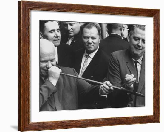 Nikita Khrushchev with Peace Pipe That Was Given to Him-Hank Walker-Framed Premium Photographic Print