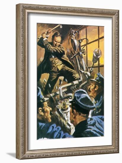 Nikola Tesla Destroying His Machine-English School-Framed Giclee Print