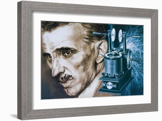 Nikola Tesla with an Early Tesla Coil-null-Framed Giclee Print