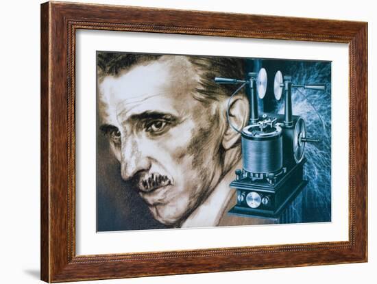 Nikola Tesla with an Early Tesla Coil-null-Framed Giclee Print