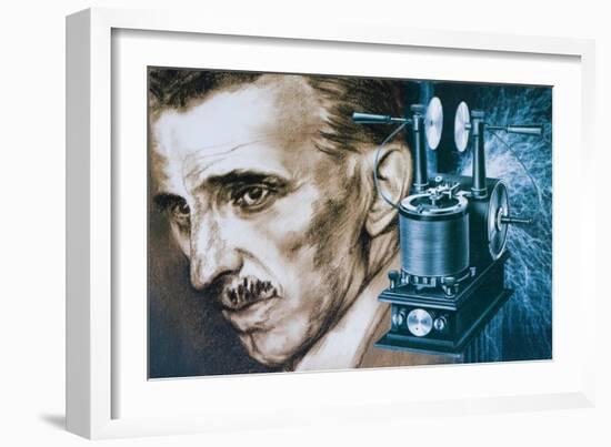 Nikola Tesla with an Early Tesla Coil-null-Framed Giclee Print