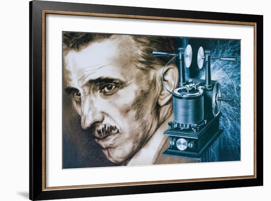 Nikola Tesla with an Early Tesla Coil-null-Framed Giclee Print