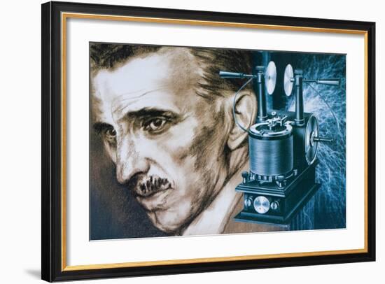 Nikola Tesla with an Early Tesla Coil-null-Framed Giclee Print