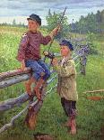 Young Boys Fishing for Crayfish, (Oil on Board)-Nikolai Petrovich Bogdanov-Belsky-Giclee Print