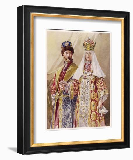 Nikolay Aleksandrovich Czar Nicolas II with Alexandra in Ancient Muscovite Dress-Frederic De Haenen-Framed Art Print