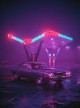 3D illustration of neon gas station and retro car-Nikolay Evsyukov-Art Print