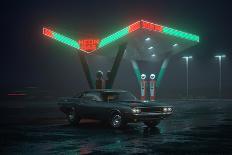 3D illustration of neon gas station and retro car-Nikolay Evsyukov-Art Print