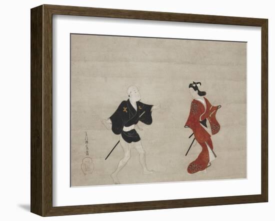 Nikuhitsu Ukiyo-E: Young Samurai and a Manservant as Mitate of Huanshigong and Zhang Lian, C. 1690-Hishikawa Moronobu-Framed Giclee Print