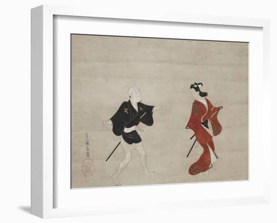 Nikuhitsu Ukiyo-E: Young Samurai and a Manservant as Mitate of Huanshigong and Zhang Lian, C. 1690-Hishikawa Moronobu-Framed Giclee Print