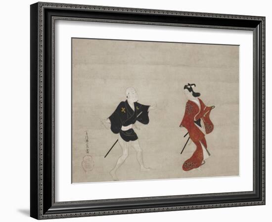 Nikuhitsu Ukiyo-E: Young Samurai and a Manservant as Mitate of Huanshigong and Zhang Lian, C. 1690-Hishikawa Moronobu-Framed Giclee Print
