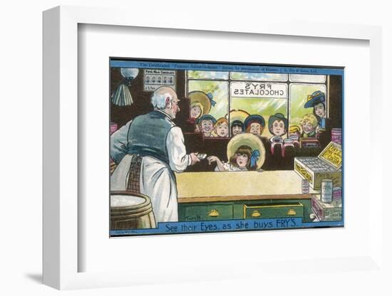 Nine Children Watch as a Lucky Little Girl Buys Herself a Bar of Fry's Chocolate-Tom Browne-Framed Photographic Print