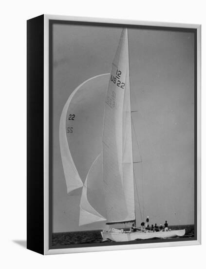 Nine Individuals Are Seen Sailing on Three Sail Intrepid Sailboat During the America's Cup Trials-George Silk-Framed Premier Image Canvas