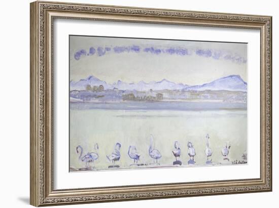 Nine Swans in Front of a Mountainous Landscape; Der Hafen Von Genf, Mit Neu-Ferdinand Hodler-Framed Giclee Print