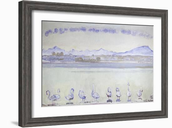 Nine Swans in Front of a Mountainous Landscape; Der Hafen Von Genf, Mit Neu-Ferdinand Hodler-Framed Giclee Print