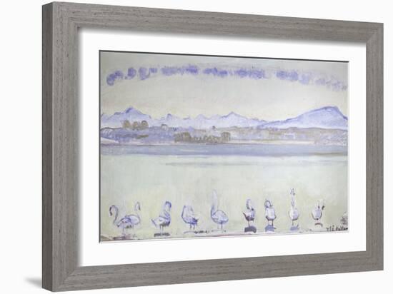 Nine Swans in Front of a Mountainous Landscape; Der Hafen Von Genf, Mit Neu-Ferdinand Hodler-Framed Giclee Print