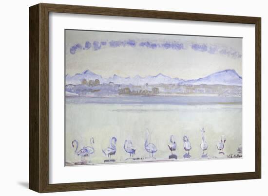 Nine Swans in Front of a Mountainous Landscape; Der Hafen Von Genf, Mit Neu-Ferdinand Hodler-Framed Giclee Print