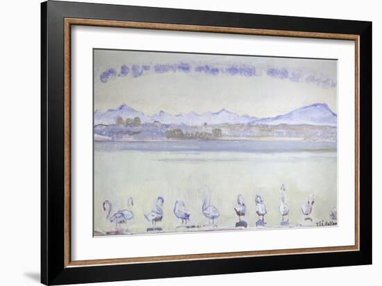 Nine Swans in Front of a Mountainous Landscape; Der Hafen Von Genf, Mit Neu-Ferdinand Hodler-Framed Giclee Print
