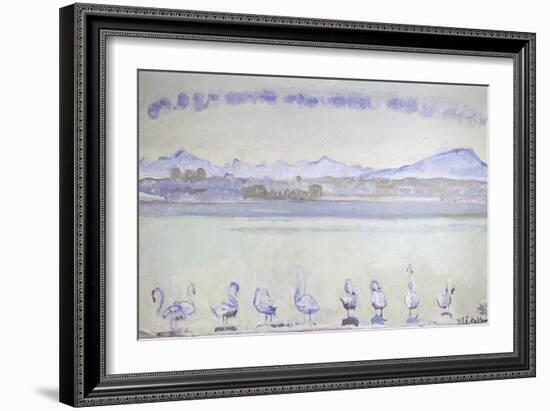 Nine Swans in Front of a Mountainous Landscape; Der Hafen Von Genf, Mit Neu-Ferdinand Hodler-Framed Giclee Print