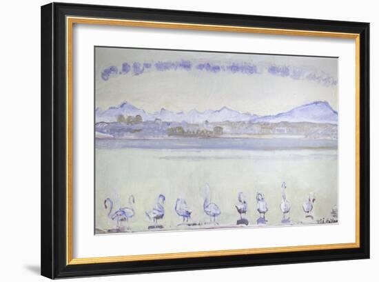 Nine Swans in Front of a Mountainous Landscape; Der Hafen Von Genf, Mit Neu-Ferdinand Hodler-Framed Giclee Print