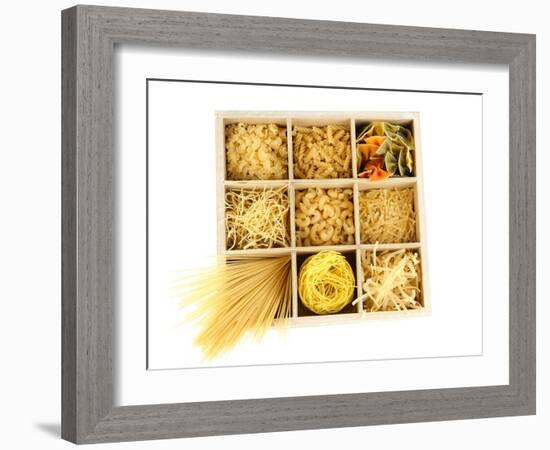 Nine Types Of Pasta In Wooden Box Sections Isolated On White-Yastremska-Framed Art Print