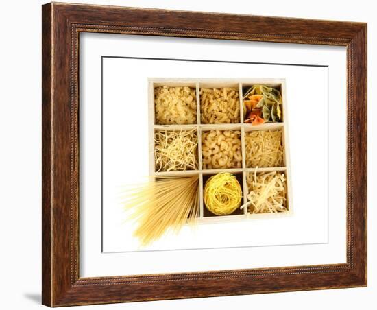 Nine Types Of Pasta In Wooden Box Sections Isolated On White-Yastremska-Framed Art Print