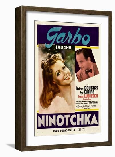 NINOTCHKA, from left: Greta Garbo, Melvyn Douglas, 1939.-null-Framed Art Print