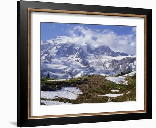 Nisqually Glacier in Foreground, with Mount Rainier, the Volcano Which Last Erupted in 1882, Beyond-Tony Waltham-Framed Photographic Print