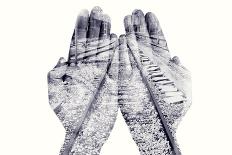 Double Exposure of the Palms of a Man Put Together and a Railway, in Black and White-nito-Photographic Print