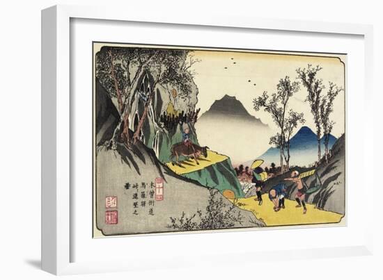 No.44 Distant View of Magome Station from the Pass, 1830-1844-Keisai Eisen-Framed Giclee Print