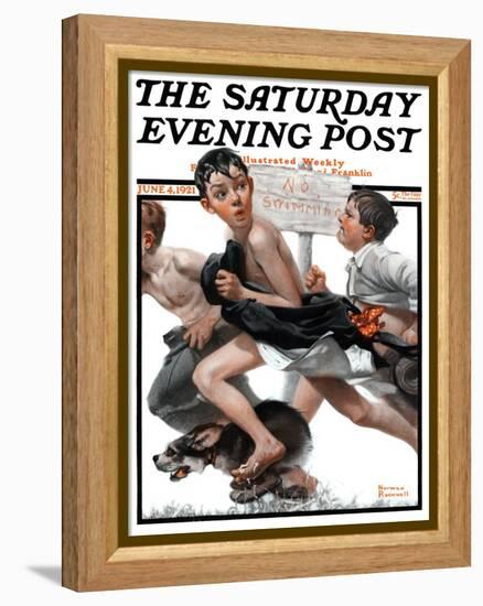 "No Swimming" Saturday Evening Post Cover, June 4,1921-Norman Rockwell-Framed Premier Image Canvas