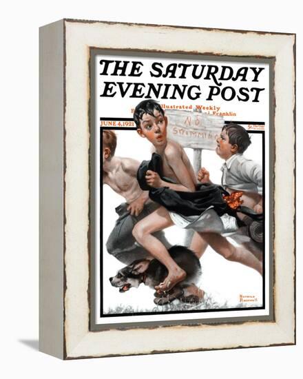 "No Swimming" Saturday Evening Post Cover, June 4,1921-Norman Rockwell-Framed Premier Image Canvas