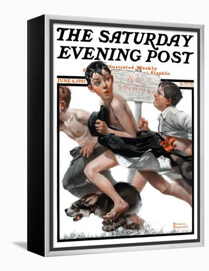 "No Swimming" Saturday Evening Post Cover, June 4,1921-Norman Rockwell-Framed Premier Image Canvas