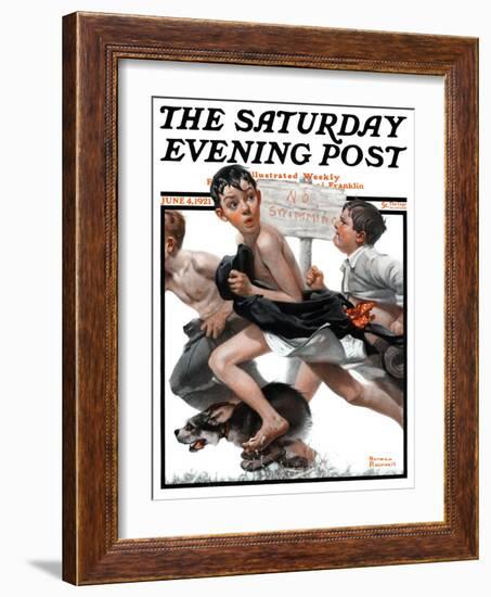 "No Swimming" Saturday Evening Post Cover, June 4,1921-Norman Rockwell-Framed Giclee Print