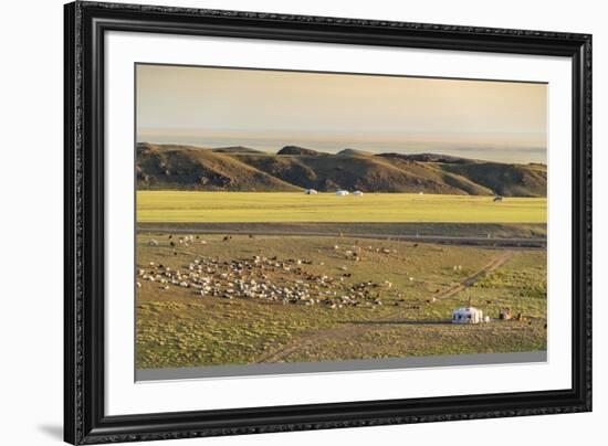 Nomadic camp and livestock, Bayandalai district, South Gobi province, Mongolia, Central Asia, Asia-Francesco Vaninetti-Framed Photographic Print