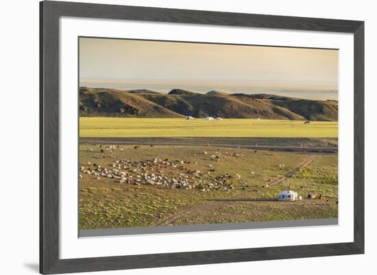 Nomadic camp and livestock, Bayandalai district, South Gobi province, Mongolia, Central Asia, Asia-Francesco Vaninetti-Framed Photographic Print