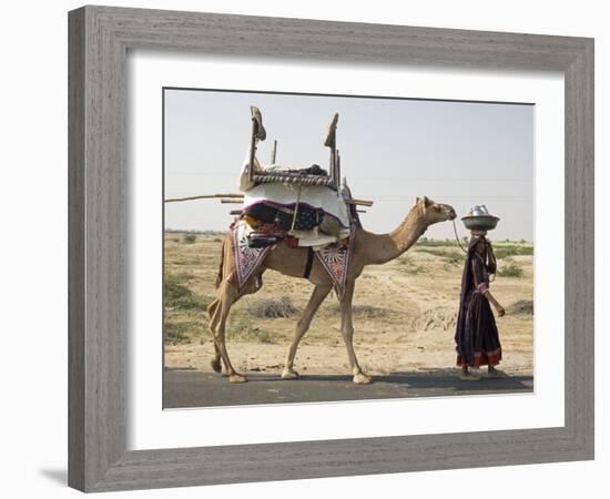 Nomadic Rabhari Tribeswoman Walking in the Kachchh Desert, Lakhdar District, Gujarat-Annie Owen-Framed Photographic Print