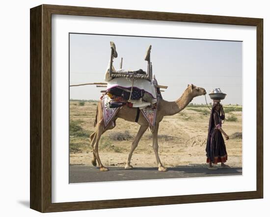 Nomadic Rabhari Tribeswoman Walking in the Kachchh Desert, Lakhdar District, Gujarat-Annie Owen-Framed Photographic Print
