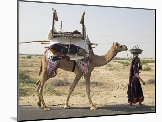 Nomadic Rabhari Tribeswoman Walking in the Kachchh Desert, Lakhdar District, Gujarat-Annie Owen-Mounted Photographic Print