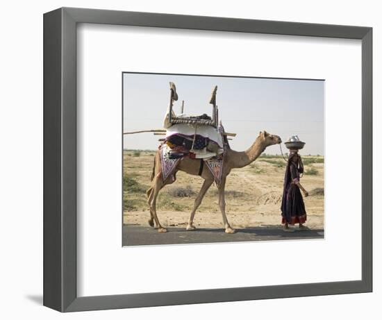 Nomadic Rabhari Tribeswoman Walking in the Kachchh Desert, Lakhdar District, Gujarat-Annie Owen-Framed Photographic Print