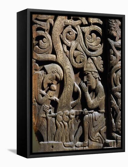 Nordic Saga or Legend of Siegfried or Sigurd, 12th century wood panel from Setesdale Church Norway-null-Framed Premier Image Canvas