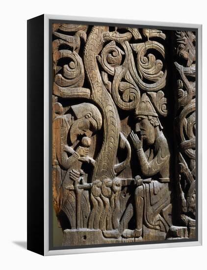Nordic Saga or Legend of Siegfried or Sigurd, 12th century wood panel from Setesdale Church Norway-null-Framed Premier Image Canvas