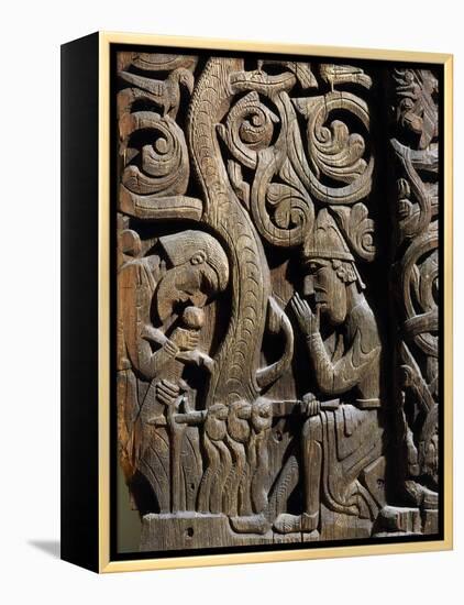 Nordic Saga or Legend of Siegfried or Sigurd, 12th century wood panel from Setesdale Church Norway-null-Framed Premier Image Canvas